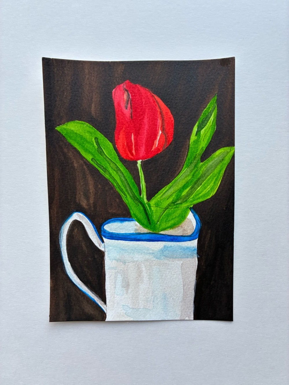 Red Tulip in White and Blue Mug  Watercolor Painting